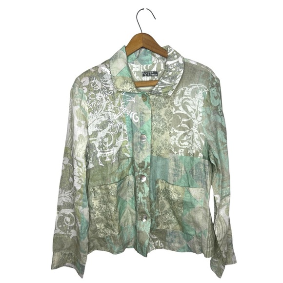 Art Simply by Dolcezza 100% Linen Patchwork Floral Button Down Artsy Blouse - Picture 1 of 13